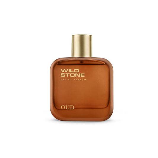Brown perfume bottle with gold cap labeled 'Wild Stone Oud' on a white background