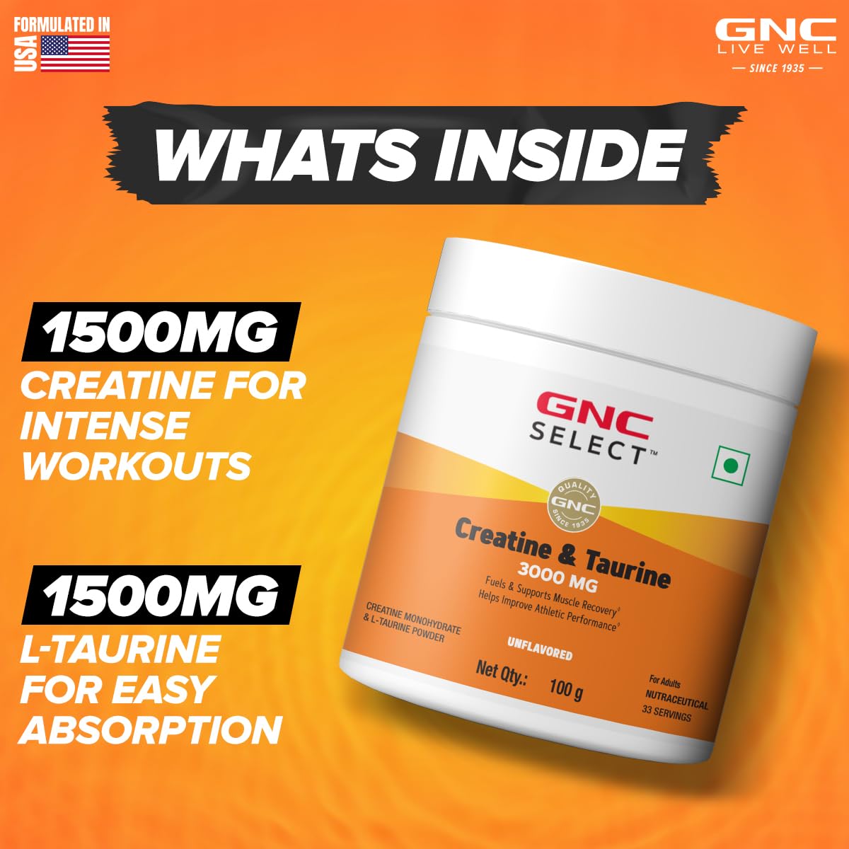 Zephivo GNC Pure Micronized Creatine Monohydrate + Taurine | 100 gm | 33 Serving | Unflavoured | Instantized | Fuels Muscles | Increase Muscle Mass | Rapid Absorption | Faster Muscle Building| Lab Tested | Faster Muscle Recovery| Boost Performance | Imported