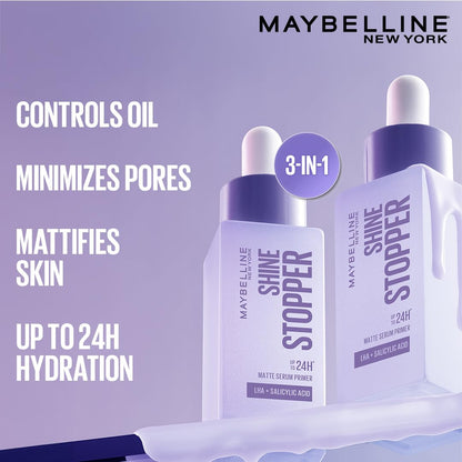 Maybelline New York Shine Stopper Primer | 3-in-1 Serum Primer for Oily Skin to Prime, Mattify, Hydrate with LHA & Salicylic Acid, 10ml