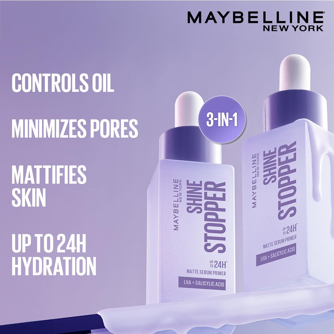 Maybelline New York Shine Stopper Primer | 3-in-1 Serum Primer for Oily Skin to Prime, Mattify, Hydrate with LHA & Salicylic Acid