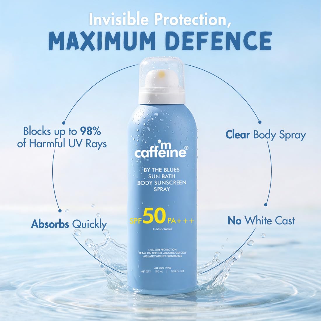 mCaffeine Sun Bath Body Sunscreen Spray SPF 50 PA +++ | In-vivo Tested | UVA & UVB Protection, Invisible, Non-Greasy | Water & Sweat Resistant Spray | By The Blues - Aquatic Woody Fragrance - 100ml