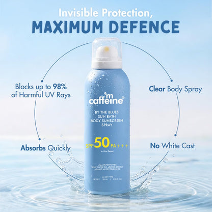 mCaffeine Sun Bath Body Sunscreen Spray SPF 50 PA +++ | In-vivo Tested | UVA & UVB Protection, Invisible, Non-Greasy | Water & Sweat Resistant Spray | By The Blues - Aquatic Woody Fragrance - 100ml