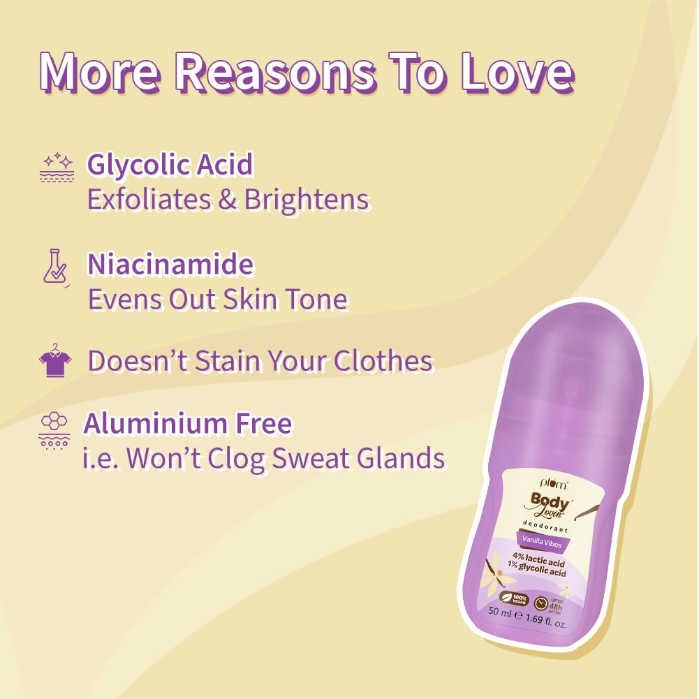 Plum BodyLovin' Vanilla Vibes Underarm Roll On for Women | Last Up to 48H | 4% Lactic Acid & 1% Glycolic Acid | Controls Odor & Fades Underarm Darkness | Warm Vanilla Fragrance Underarm Roll On | 50ml