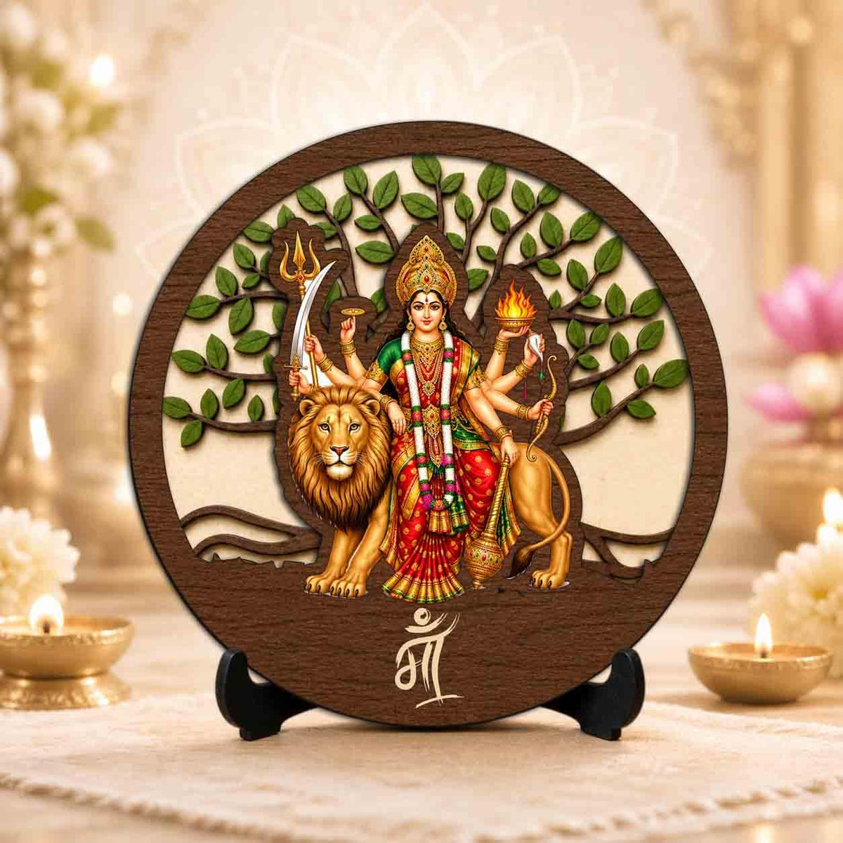 Plan To Gift Sherawali MATA Wooden Idol with Stand for Home Temple, Puja Room, Office Desk & Indoor Mandir Decor - 5x5 Inch