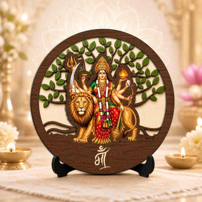 Plan To Gift Sherawali MATA Wooden Idol with Stand for Home Temple, Puja Room, Office Desk & Indoor Mandir Decor - 5x5 Inch