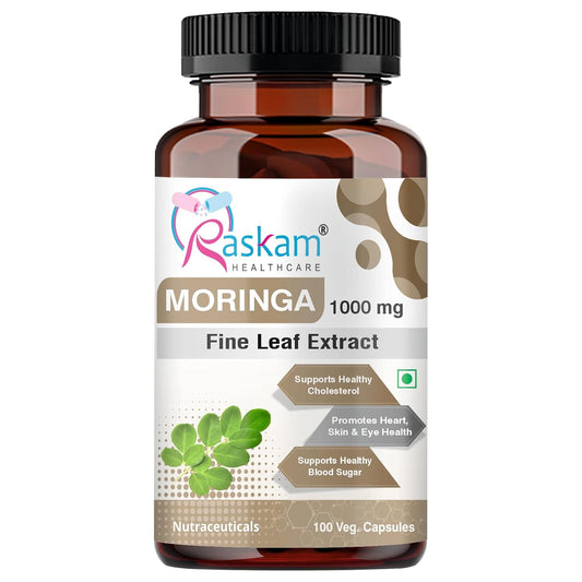 Bottle of Raskam Moringa Fine Leaf Extract on a white background