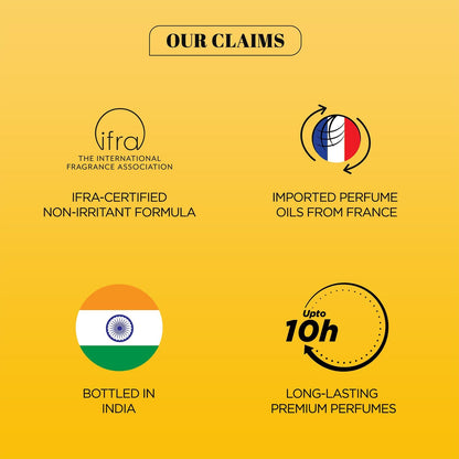 Promotional graphic with IFRA certification, imported perfume oils from France, bottled in India, and long-lasting premium perfumes on a yellow background.