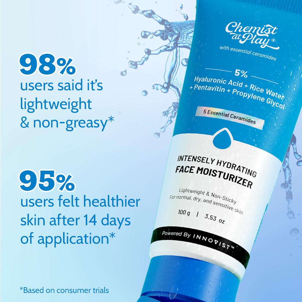 Tube of Chemist at Play Intensely Hydrating Face Moisturizer with water droplet graphic on a light blue background