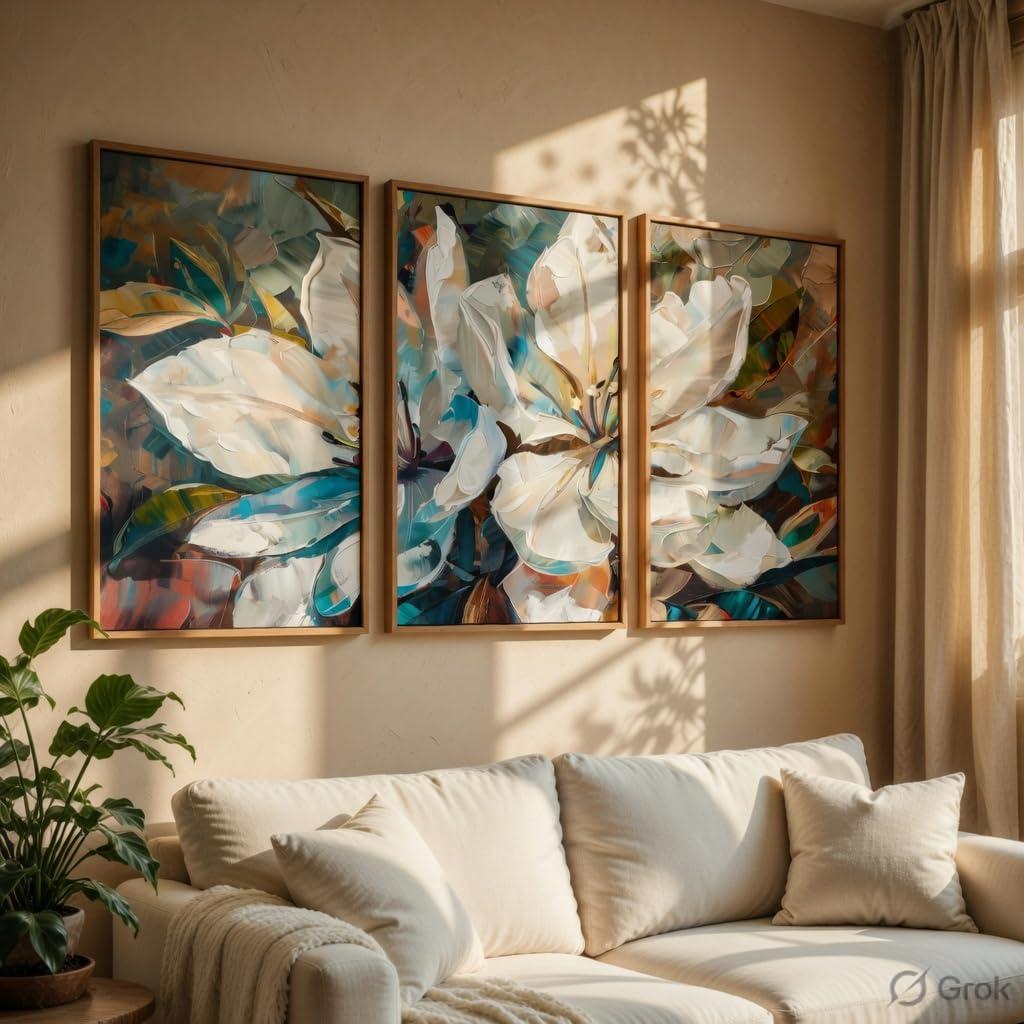 Abstract Floral Wall Painting Set of 3 with Wooden Frames | Modern White Flower Artwork HD Sparkle Laminated MDF Wall Decor | Contemporary Floral Wall Art for Living Room Bedroom