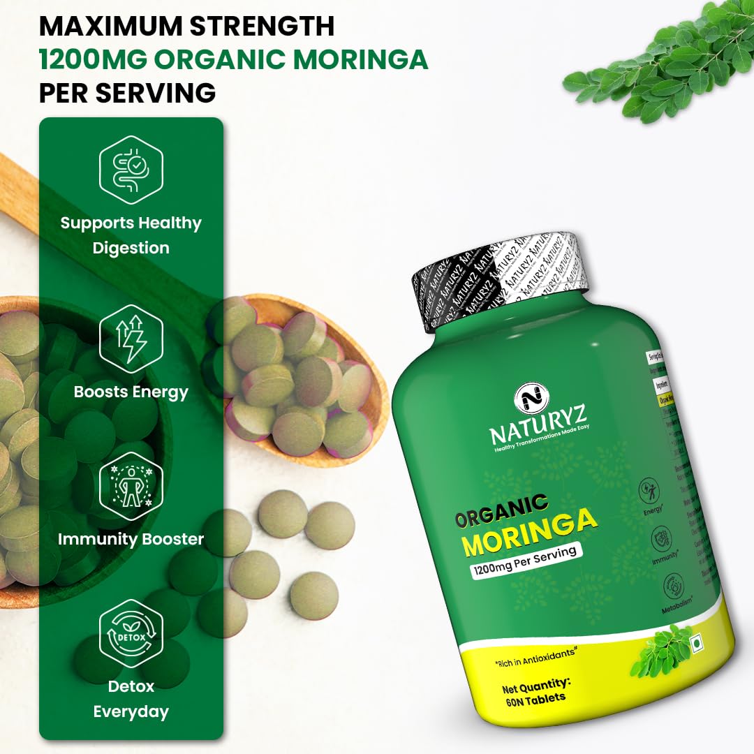 Naturyz Organic Moringa supplement bottle with green label and tablets on a white background