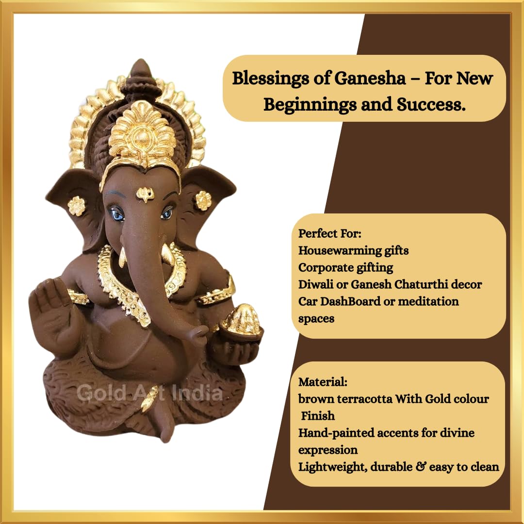 Gold Art India Brown Terracotta Idol for Ganesh Idol for Car Dashboard God Ganesha Idol for Home Decor Ganpati for Gift 3.5 inches (Brown Terracotta), Idol