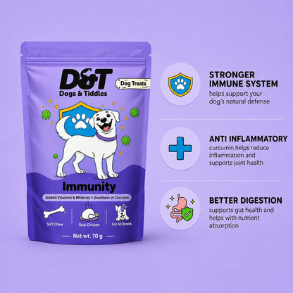 Dogs & Tiddles Immunity Dog Treats for Puppies & Adult Dogs, 70g | Soft & Chewy Real Chicken Puppy Treats | with Curcumin, Vitamins & Minerals | Supports Immune Health