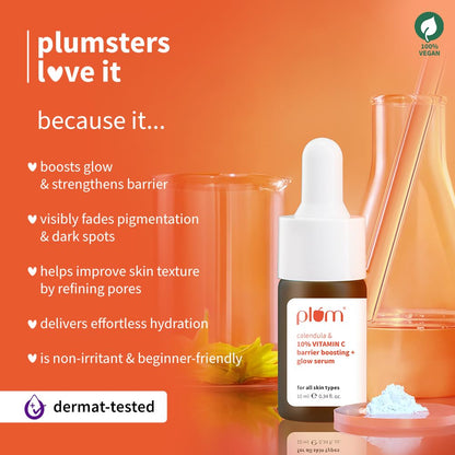 Plum 10% Vitamin C & Calendula Barrier Boosting + Glow Serum 10ml | 3% Niacinamide, 1% Hyaluronic Acid & Ceramide Complex | Reduces Pigmentation & Dark Spots | Boosts Glow | For Men & Women | All Skin Types