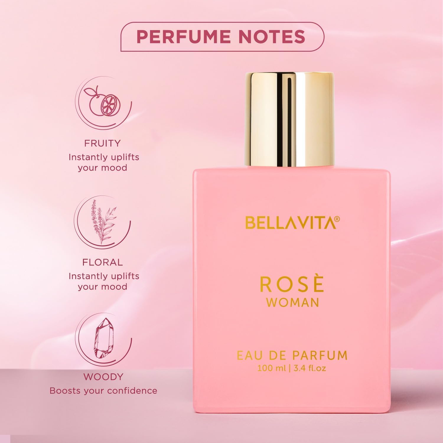 Bellavita Rosé Woman eau de parfum bottle on a pink background with perfume notes.
