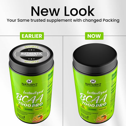Comparison of Naturez BCAA 7000 Pro supplement containers with 'Earlier' and 'Now' labels.