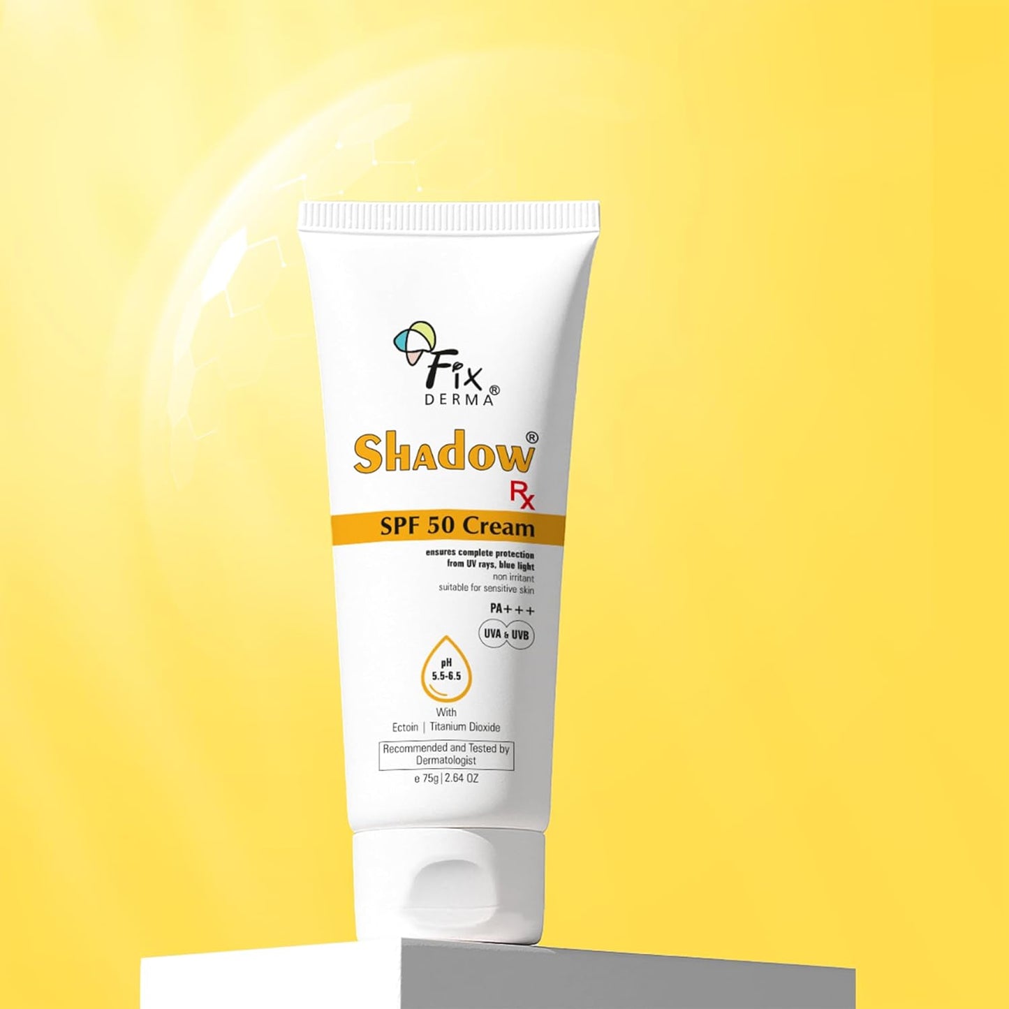 Fixderma Shadow Sunscreen SPF 50 Cream For Sensitive Skin, Protects the Skin from UV Rays, Blue Light, Pollution, Premature Aging & Sunburn, Long-Lasting, Non Greasy, Sunscreen for Women & Men - 75gm