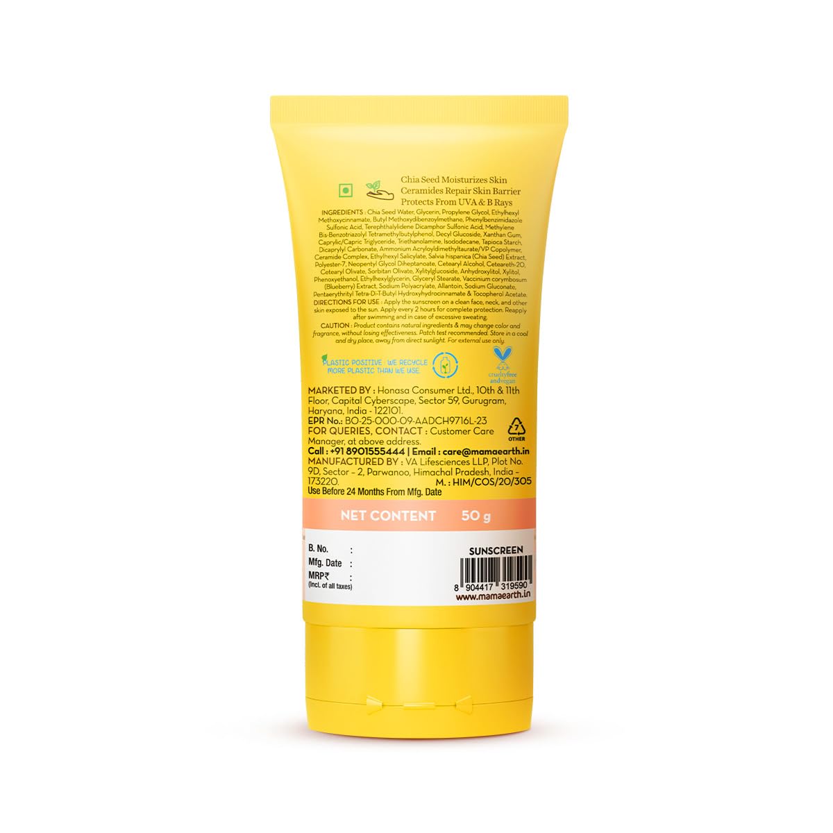 Mamaearth Chia Oil-Free Sunscreen with Chia Seed & Ceramides for Hydrated Glow & Sun Protection - 50g | SPF50 PA++++ | Oil-Free Formula for Normal to Oily Skin | UVA/B Protection | Tan Protection | No White Cast | InVivo Tested | Healthy Skin Barrier