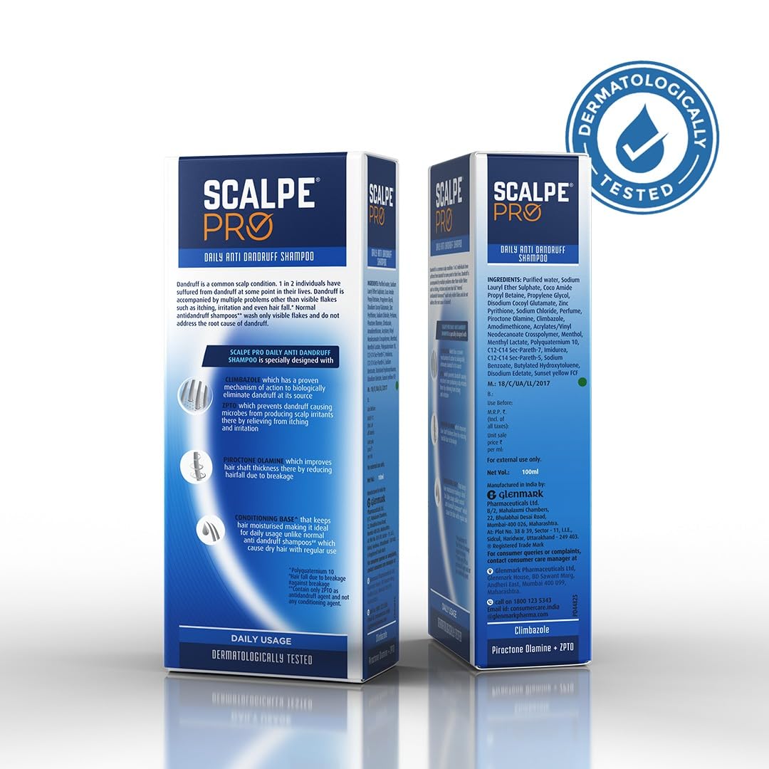 Scalpe Pro Daily Anti-Dandruff Shampoo | Removes Dandruff from Source | Helps with Itching, Irritation & Redness accompanying Dandruff | Scalpe Science | Climbazole & ZPTO Formulation | Strong & Smooth Hair | Daily Use | 100ml