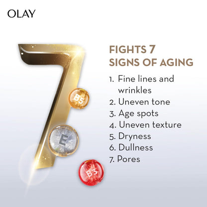 OLAY advertisement highlighting its anti-aging benefits with a gold number '7' and small round icons on a light gray background.
