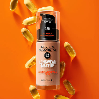 Revlon Liquid Foundation, ColorStay Face Makeup for Combination & Oily Skin, SPF 15, Medium-Full Coverage with Matte Finish, Golden Caramel, 30 ml