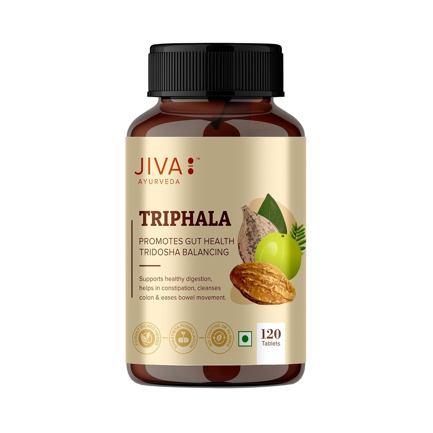Jiva Triphala Tablet | 100% Ayurvedic Formulation Improves Digestion, Promotes Gut Health & Relives Constipation | Balances 3-Doshas | Excellent For Eye & Hair Issues - 120 Tablets