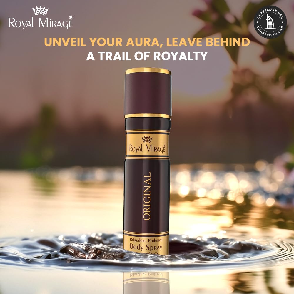 Royal Mirage body spray bottle with scenic background
