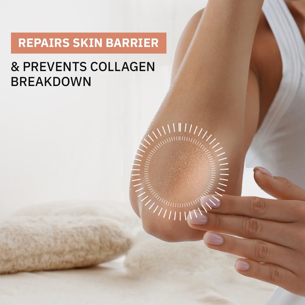 Close-up of a hand holding skin with text about skin barrier repair and collagen maintenance.