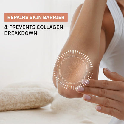 Close-up of a hand holding skin with text about skin barrier repair and collagen maintenance.