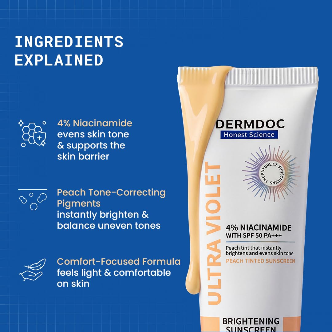 DERMDOC SPF 50 Ultra Violet Brightening Tinted Sunscreen with 4% Niacinamide, 50 gm | PA +++ | With Peach Tint | Lightweight | UVA & UVB Protection | For Medium To Dusky Skin | Improves Skin Texture | Breathable & Weightless Finish