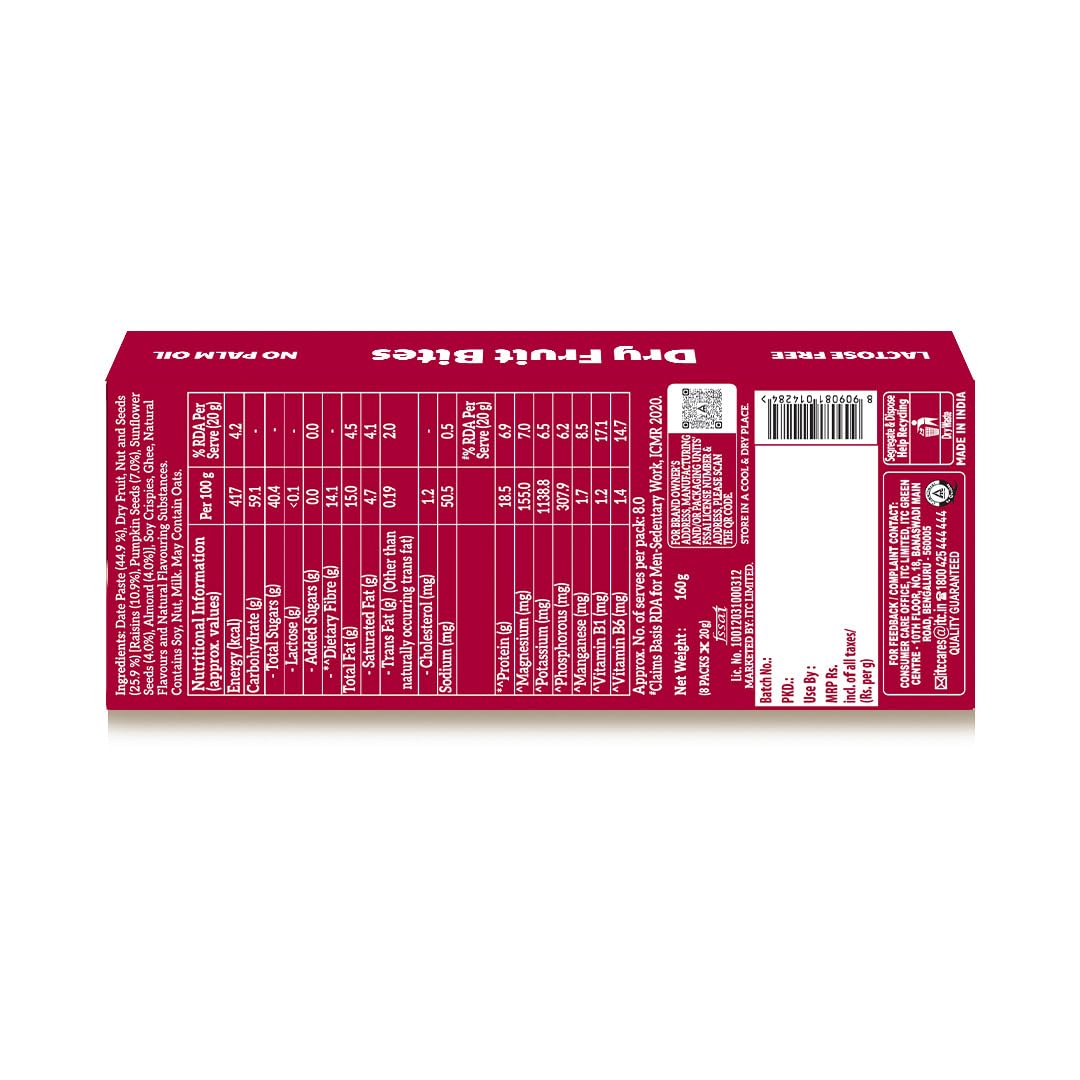 Right Shift Dry Fruit Bites, 18g Protein, 14g Fibre, No Refined Sugar, Lactose Free, No Palm Oil, Date Nut and Seeds, 160g
