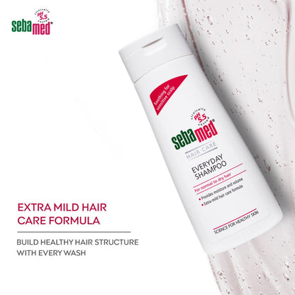 Sebamed shampoo bottle with product details on a white background