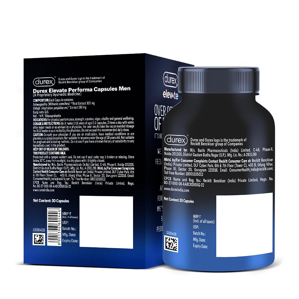 Durex Elevate Performa Capsules for Men | Ashwagandha KSM-66 Purified Shilajit & Supplement | Supports Strength & Stamina | 30 Capsules