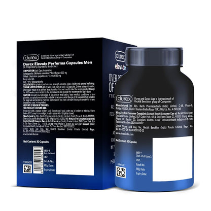 Durex Elevate Performa Capsules for Men | Ashwagandha KSM-66 Purified Shilajit & Supplement | Supports Strength & Stamina | 30 Capsules