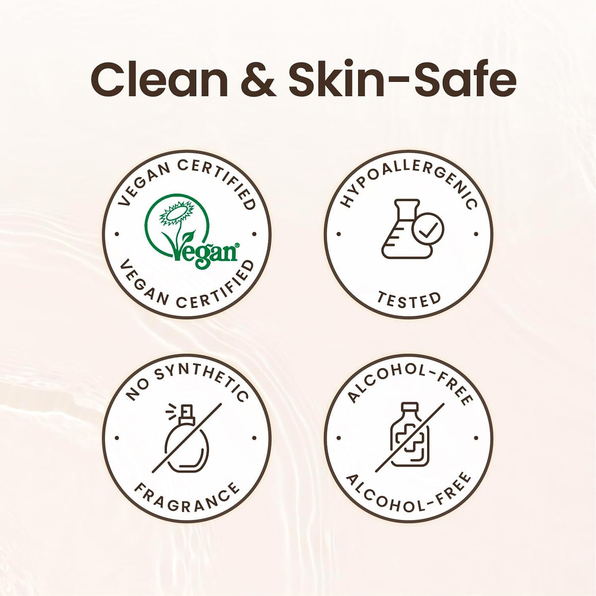 Four circular icons indicating 'Vegan Certified', 'Hypoallergenic Tested', 'No Synthetic Fragrance', and 'Alcohol-Free' on a beige background.
