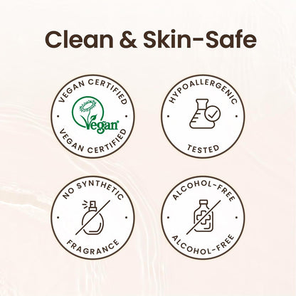 Four circular icons indicating 'Vegan Certified', 'Hypoallergenic Tested', 'No Synthetic Fragrance', and 'Alcohol-Free' on a beige background.