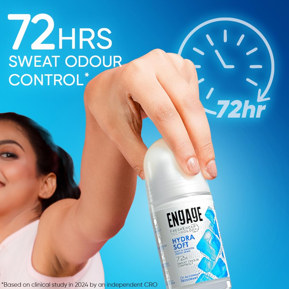 Engage Hydra Soft Underarm Roll On for Women|Skin Softening Deodorant Formula |72 Hour Sweat & Odour Protection| Advanced Antiperspirant Formula|FreshEncap Technology |0% Alcohol|Non Sticky|50ml