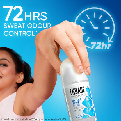 Engage Hydra Soft Underarm Roll On for Women|Skin Softening Deodorant Formula |72 Hour Sweat & Odour Protection| Advanced Antiperspirant Formula|FreshEncap Technology |0% Alcohol|Non Sticky|50ml