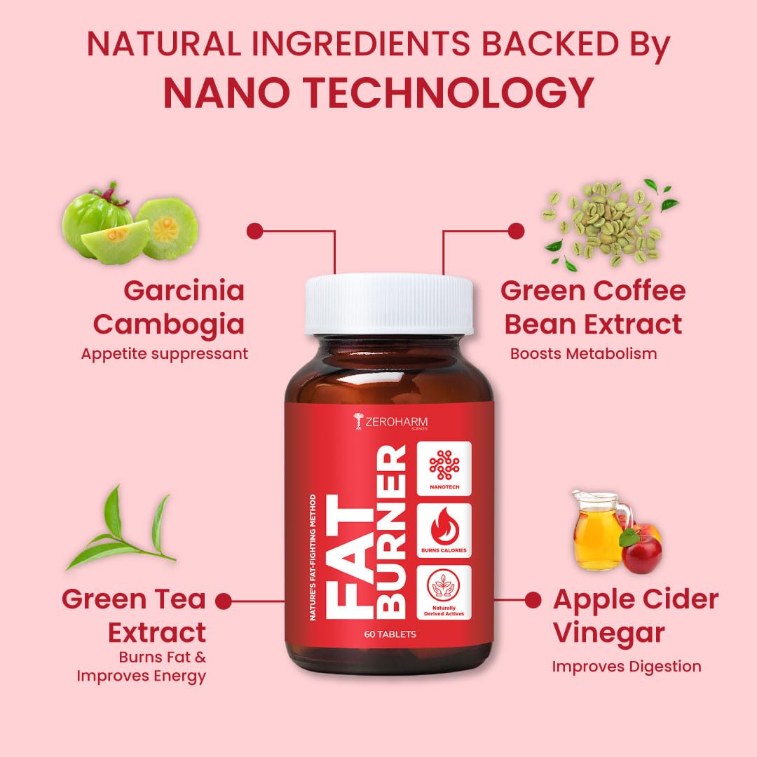 ZEROHARM Fat Burner Tablets | Garcinia Cambogia, Green Coffee, Green Tea, Apple Cider Vinegar | Boosts Metabolism & Controls Cravings | Weight Management Supplements for Men & Women | 60 Veg Tablets