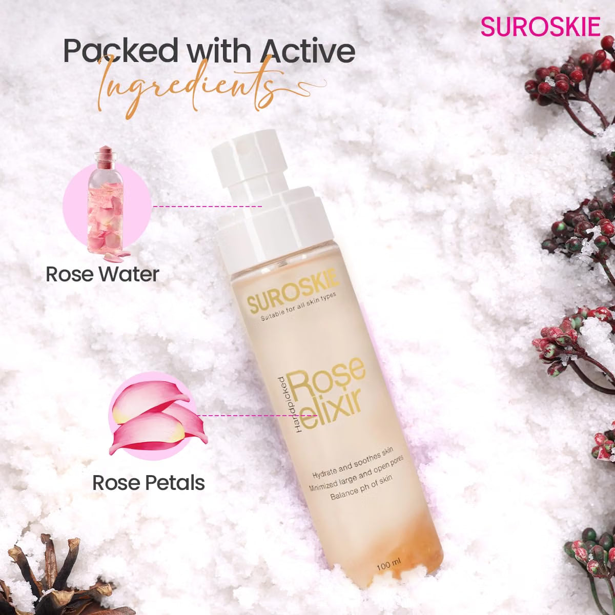 Suroskie Rose Water Elixir Face Mist 100Ml | Pure Rose Water | Face Toner For Glowing, Refresh & Hydrating Skin | Minimize Large & Open Pores | Balance Ph Of Skin | Gulab Jal For Women & Men