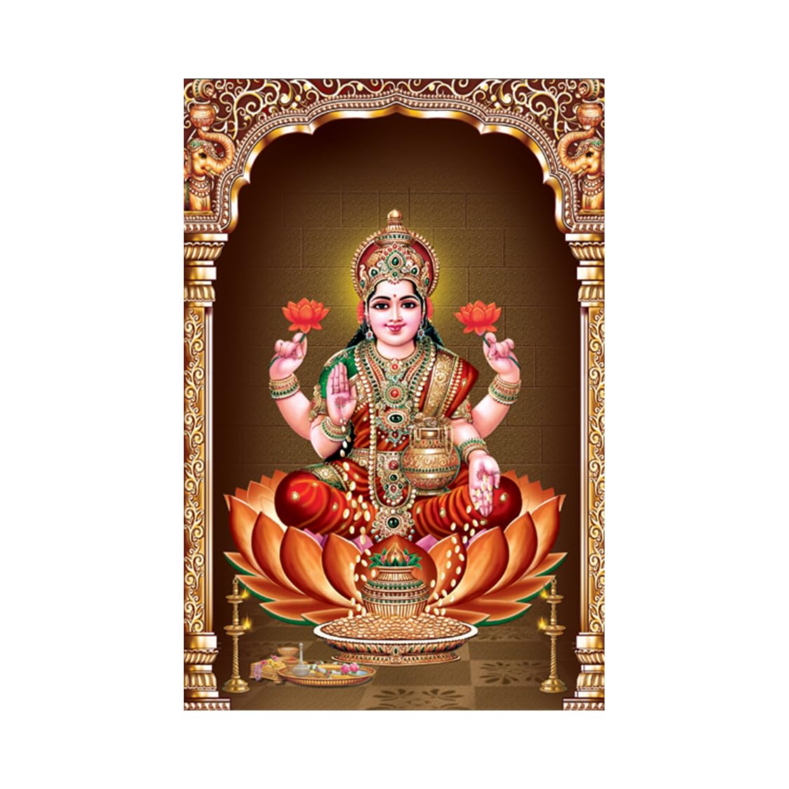 Laxmi Ji Paintings for Living room, Laxmi Ji Poster Big Size with Sparkle Coated Lamination - 2135 (Self Adhesive) 18x24 Inch