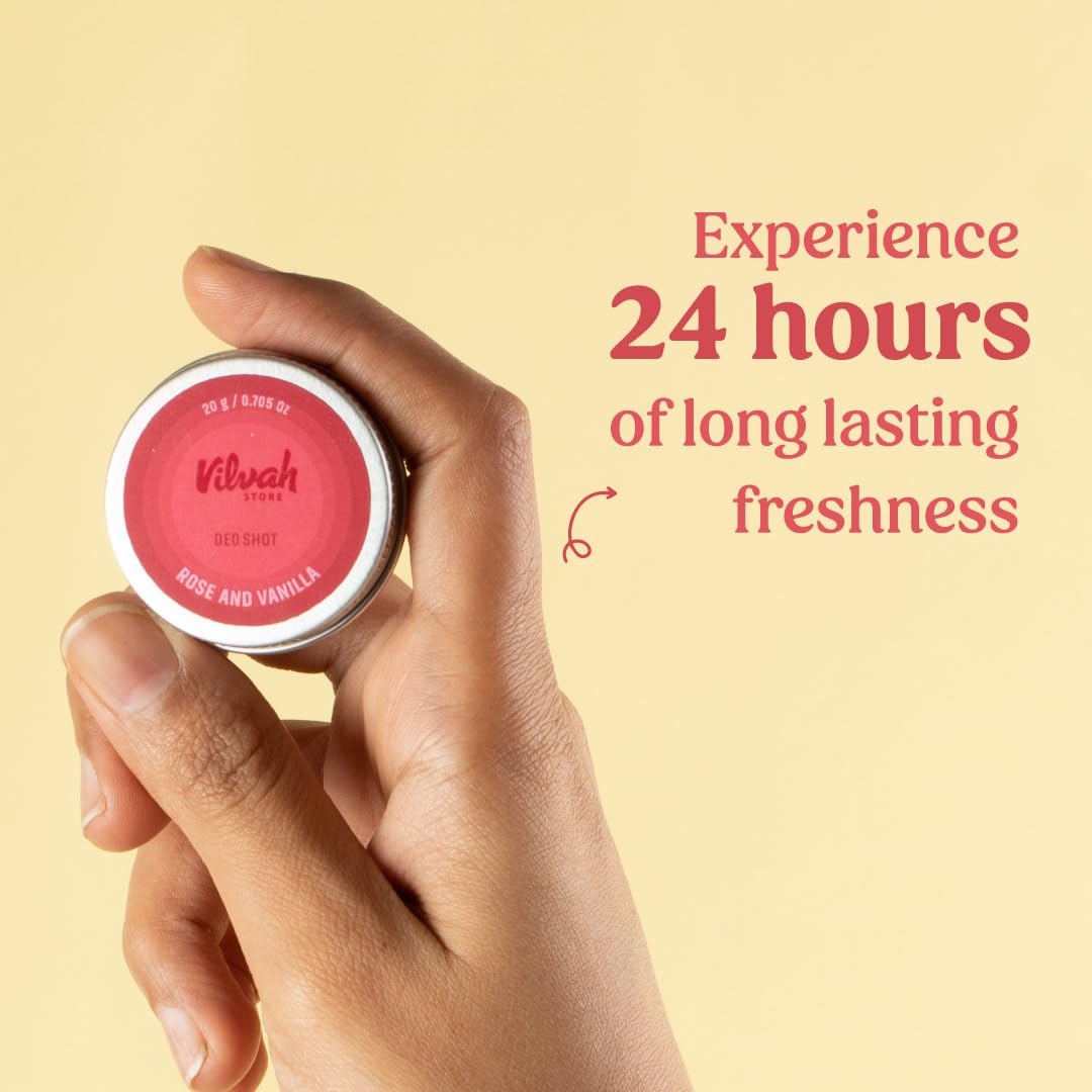 Vilvah Rose & Vanilla Deo Shot | Natural Underarm Deodorant for Odour Control & Dark Underarms | Absorbs Odour, Soothes Skin & Refreshes with Natural Fragrance | With Shea Butter, Rose & Vanilla Oils | Men & Women | 20g