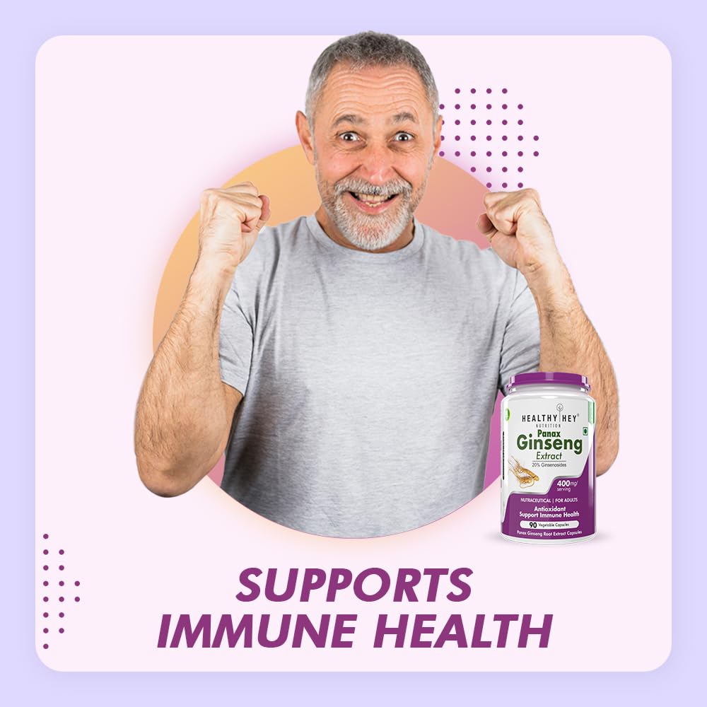Man flexing muscles with a bottle of Healthy Mix Ginseng Extract on a light purple background