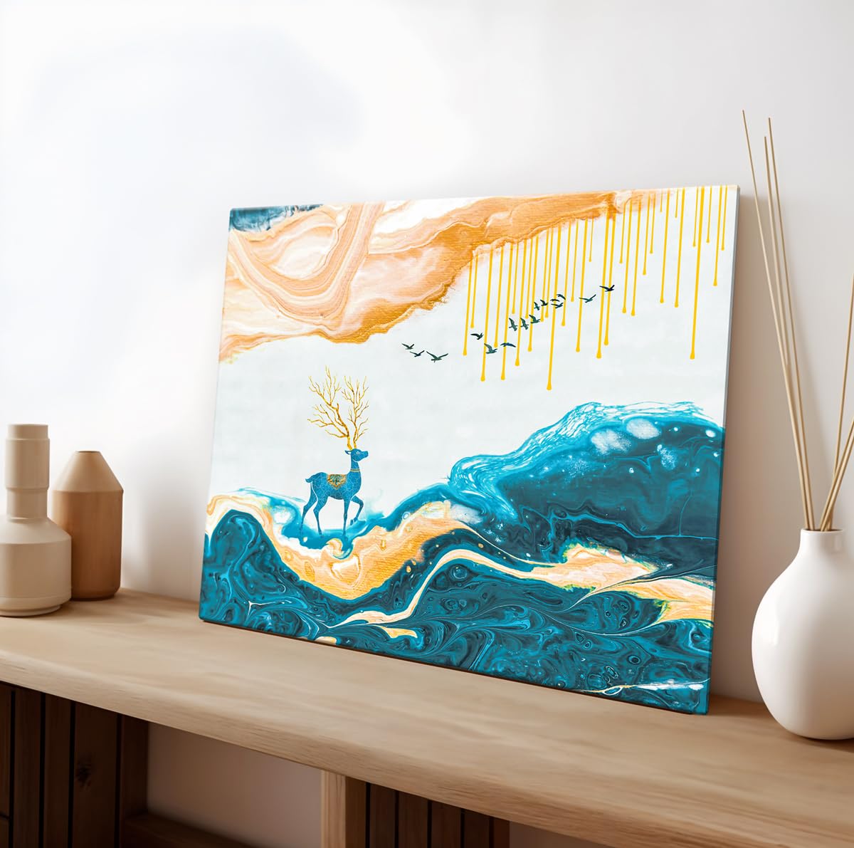 Canvas Deer Painting, Big Size Scenery, Abstract Painting, Painting for Living Room Bedroom, Multicolor, Nature, 58.0 X 45.0 cm, Set of 1