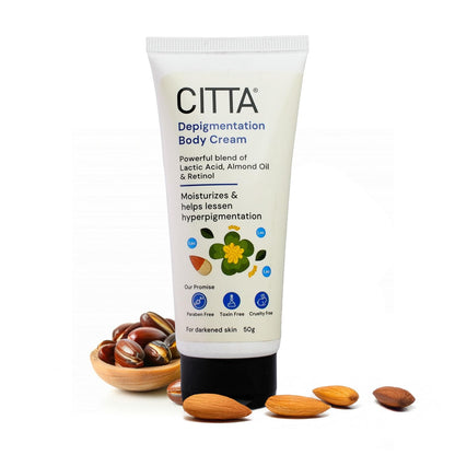 CITTA Depigmentation Body Cream with Retinol, Lactic Acid & Almond Oil – Reduces Tan, Pigmentation & Evens Skin Tone – Treats Dark Patches on Elbows, Knees, Neck & Thighs – For Men & Women – 50g