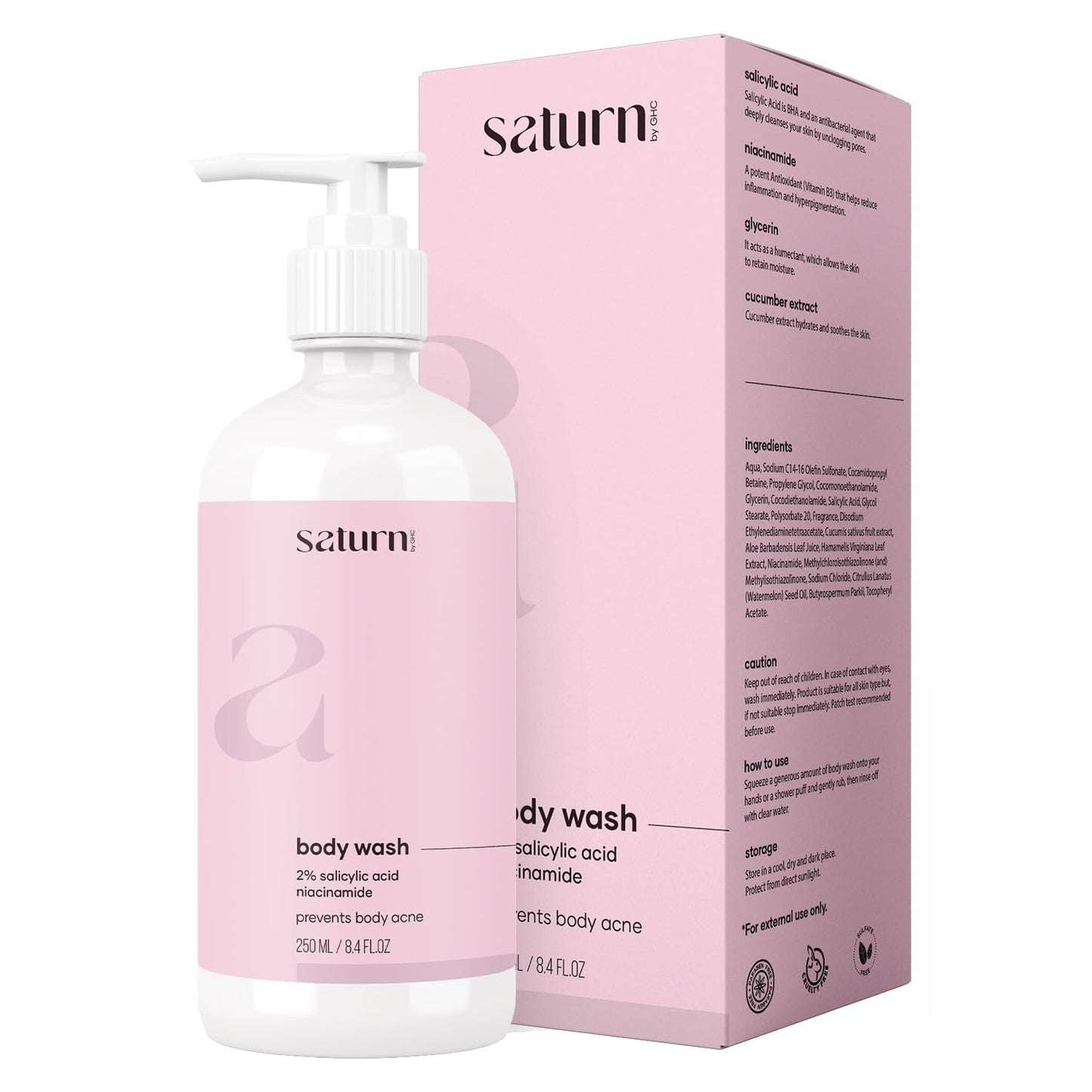Saturn by GHC 2% Salicylic Acid Body Wash for Women With Niacinamide, Glycerin & Cucumber Extract, Gently Exfoliates & Deeply Nourishes, SLS-Free, Paraben-Free | 250 ml