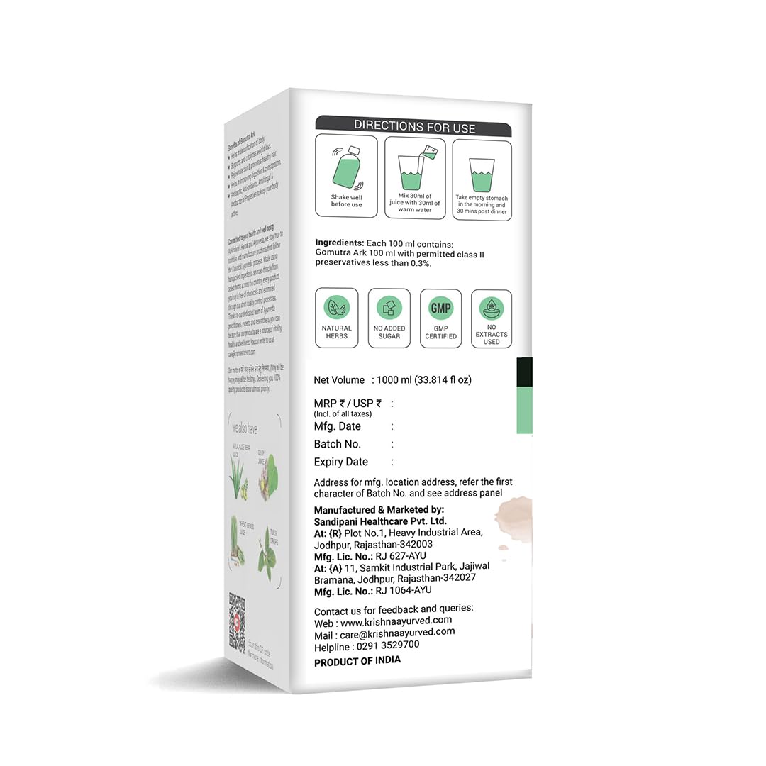 KRISHNA'S HERBAL & AYURVEDA Desi Cow Gomutra Ark 1000 Ml Liquid| Natural Detoxifier | 100% Pure & Natural Go Ark | Indian Tharparakar Gomutra | Sugar Free With No Added Color Or Flavour - (Pack Of 1)