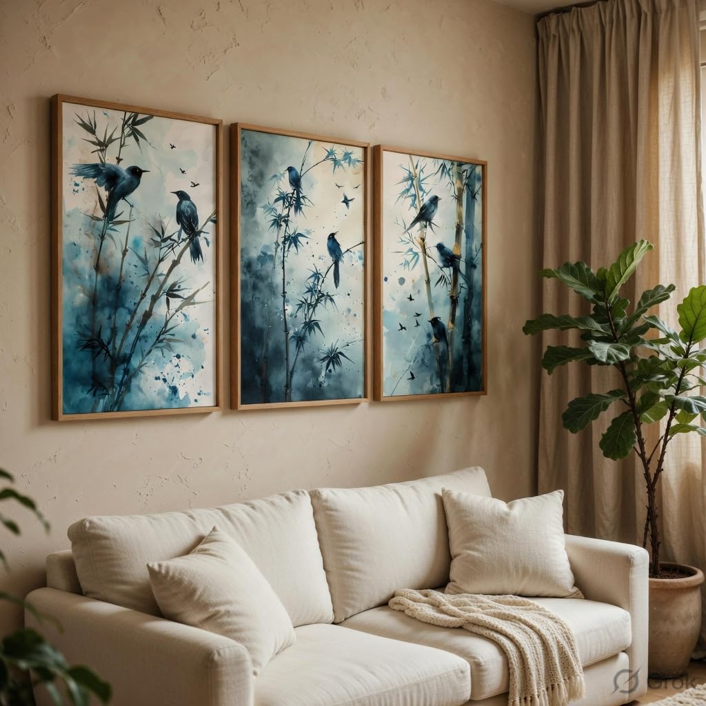 Bamboo Bird Wall Art Set of 3 | Wooden Frame MDF Nature Decor