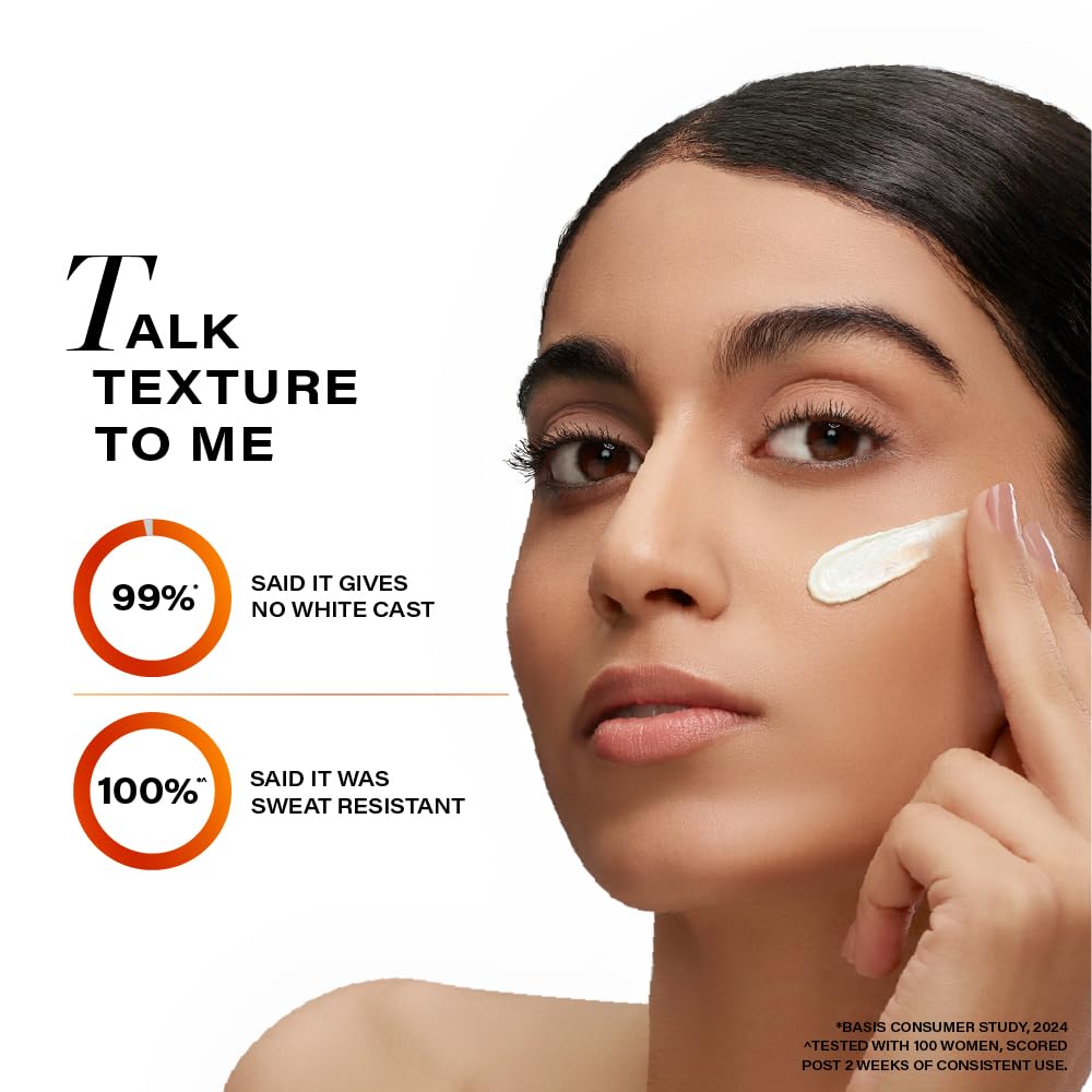 Woman applying cream to her face with text about product texture and performance.
