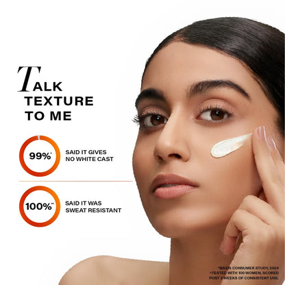 Woman applying cream to her face with text about product texture and performance.