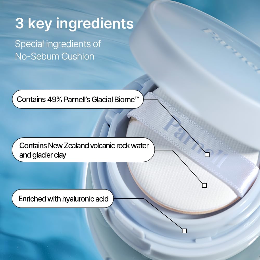 Parnell Glacial Biome Water No-Sebum Cushion (10g) Oil Control Matte Finish Sebum Controller Anti-Shine Cushion With Glacial Water, Absorbs Excess Sebum, Smooths Pores, Instantly Cool, Control Shine, Hydrates Skin